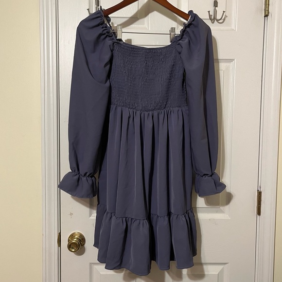 Shein Square Neck Shirred Bodice Sleeve Ruffle Hem Dress - Picture 2 of 3